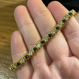 Elegant Galbani Signed Green & Clear Rhinestone Bracelet Gold Tone 6.75”